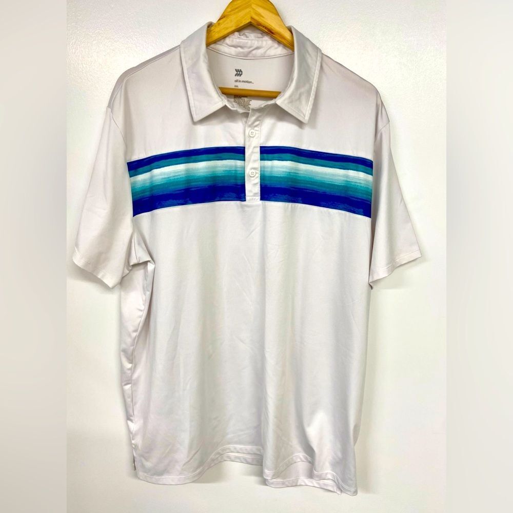 All in Motion Men’s White Blue Stripes Polo Shirt Size XXL